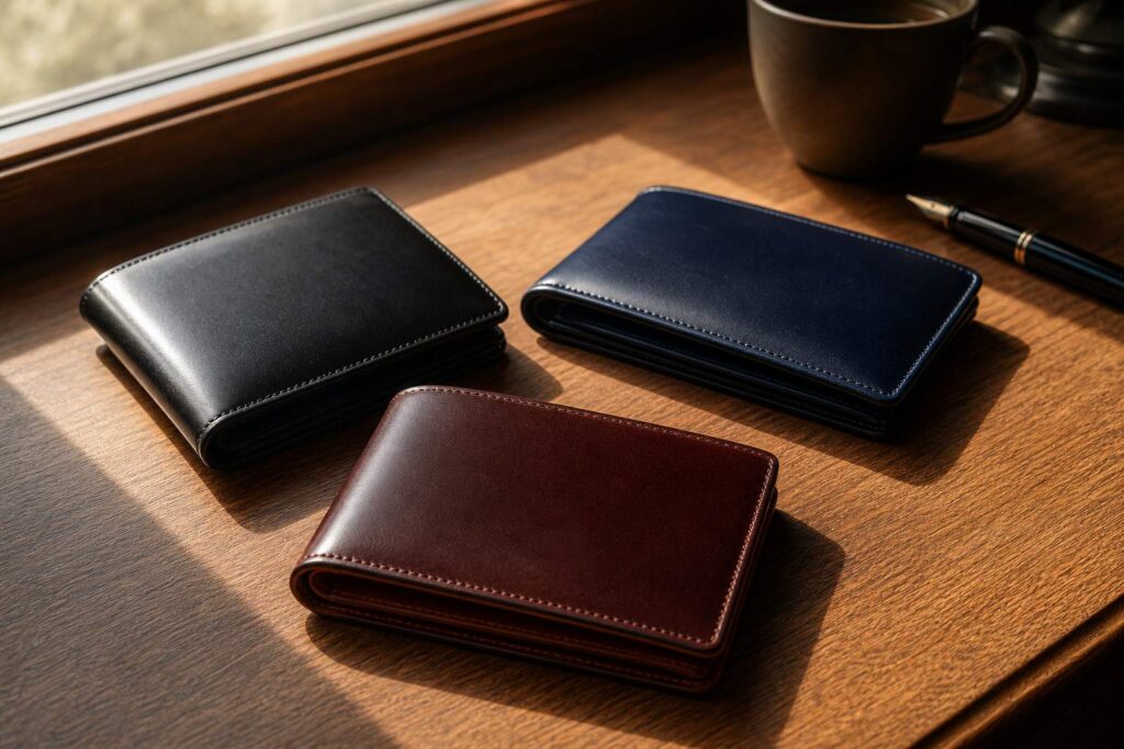 木のデスクに並んだ複数の革財布を見比べるシーン