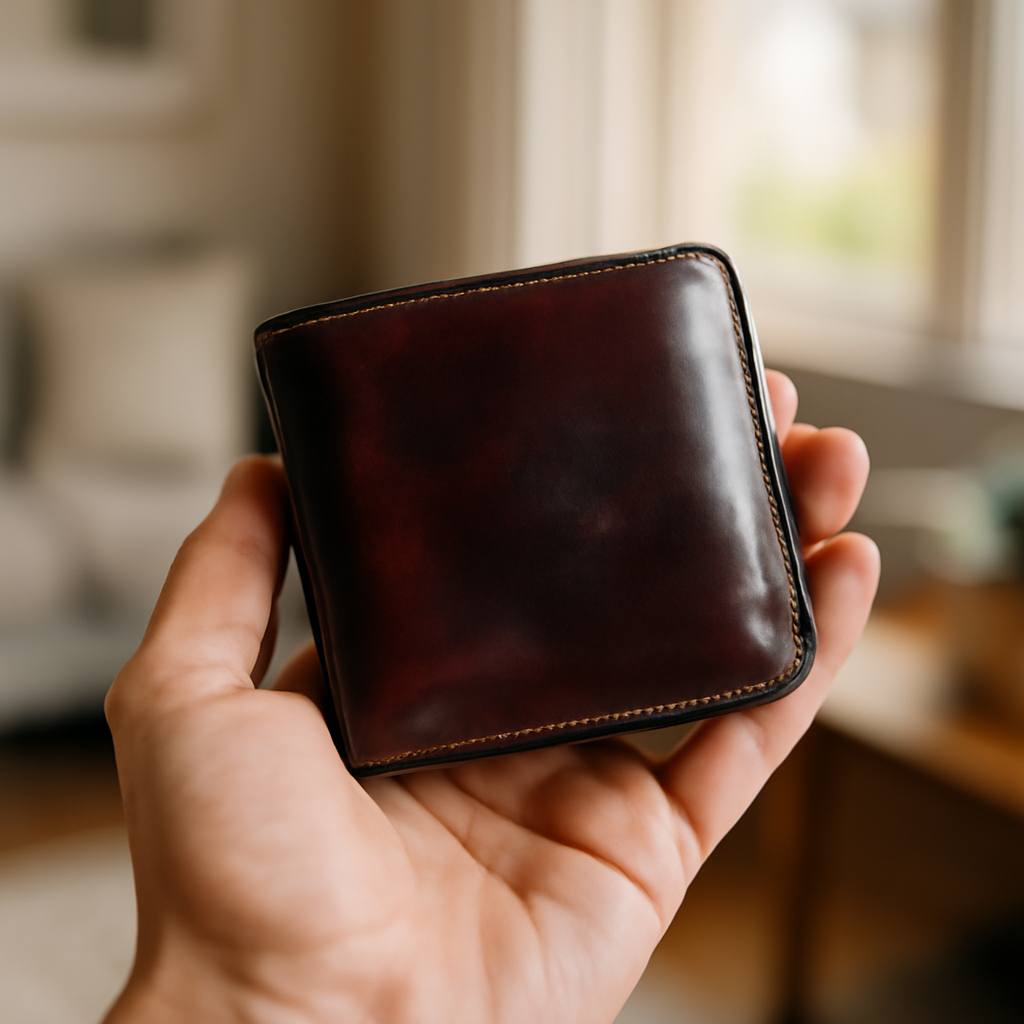 5年使い込んで深い艶に育ったコードバン財布を手のひらに乗せたところ