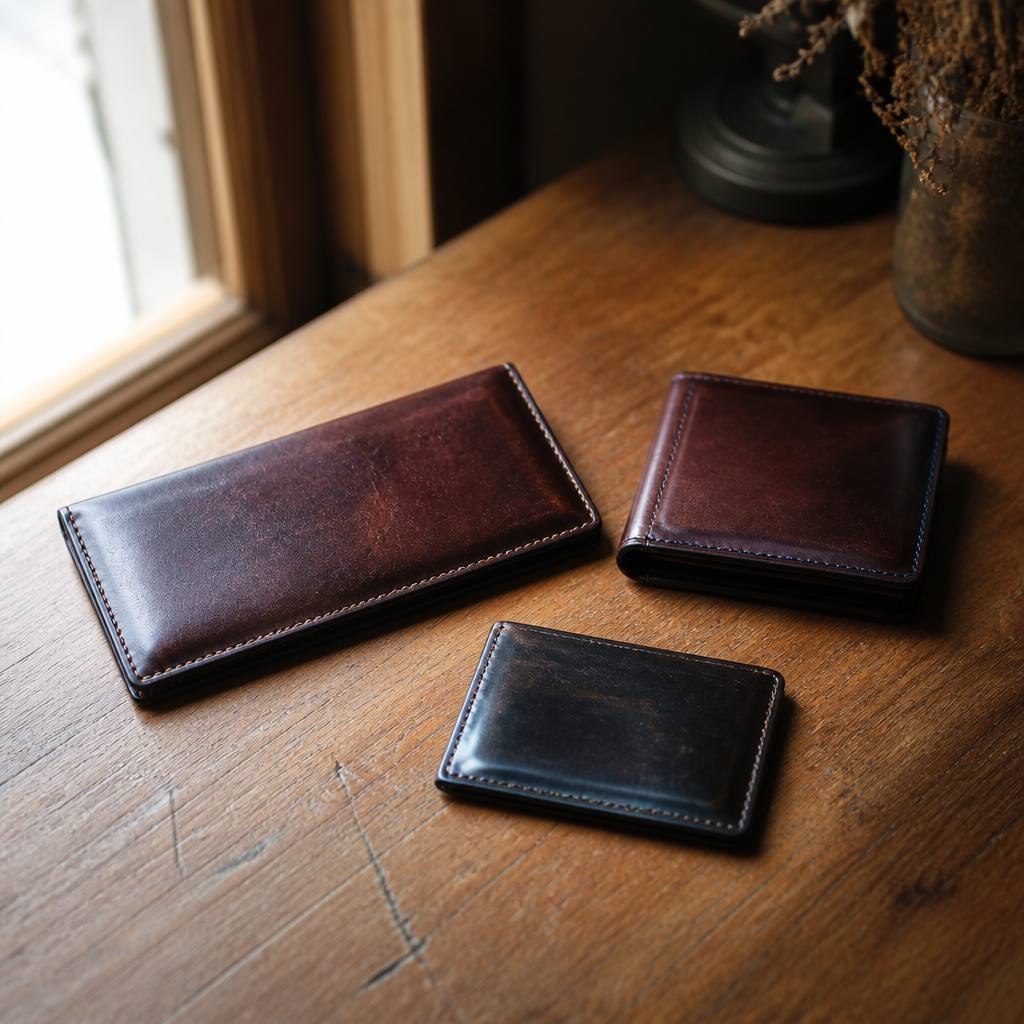 長財布・二つ折り・ミニ財布の3形状のコードバン財布を並べた比較