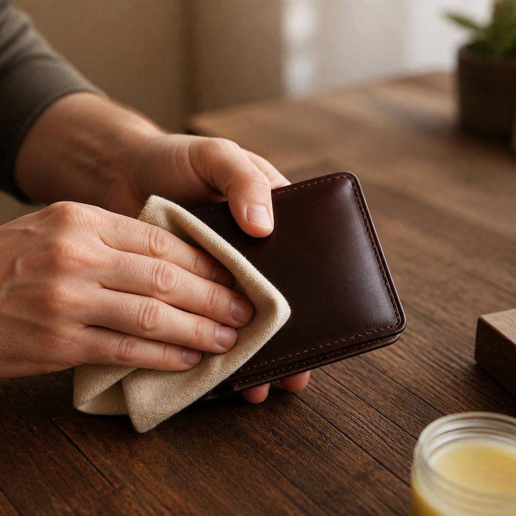 やわらかい布でコードバンの財布を乾拭きする手元