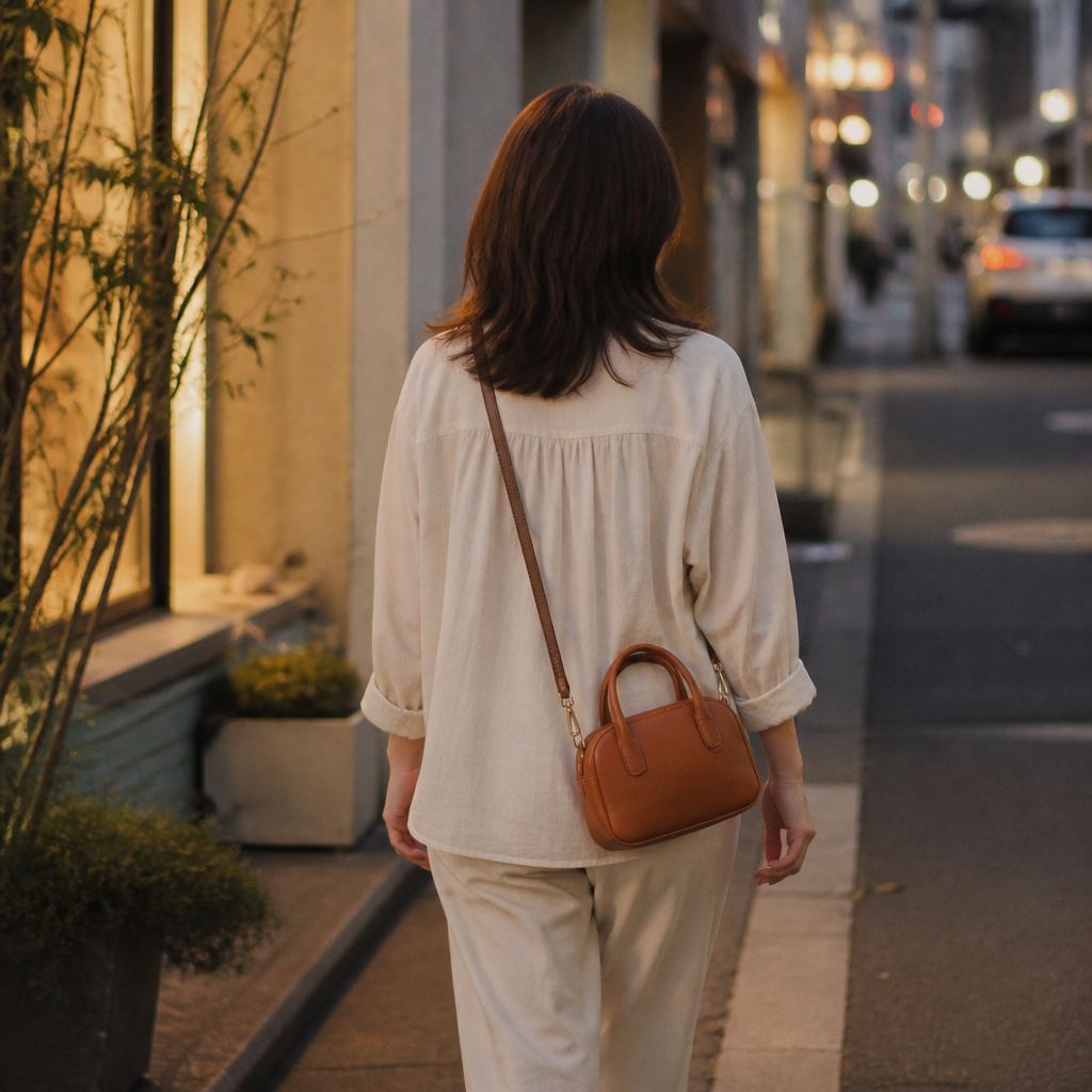 細いショルダーで小ぶりな2WAYレザーバッグを肩掛けする女性の引きの雰囲気
