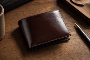 木のデスクに置かれた艶のある黒茶のコードバン調の本革財布