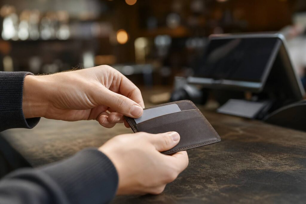 木のデスクに置かれた薄い本革のミニマル財布とスマホ