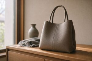 窓辺の木製コンソールに置かれた上質な日本製本革ハンドバッグ