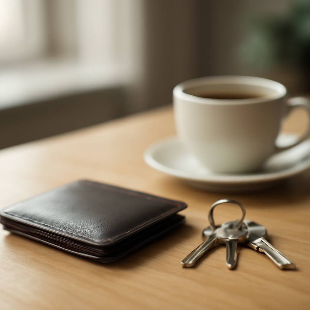 朝のデスクに鍵とコーヒーと並べて置かれた薄い革財布