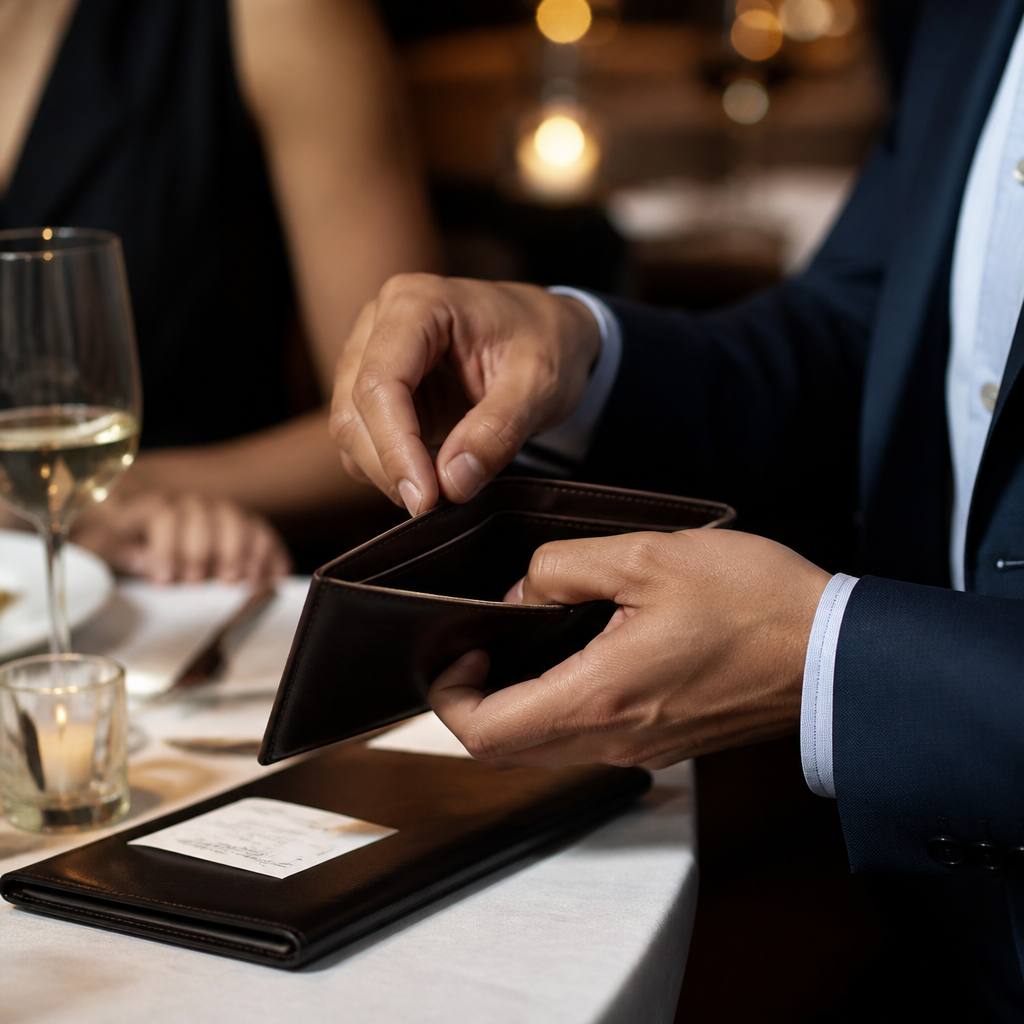 会食の会計で上質な革財布を取り出すビジネスマンの手元