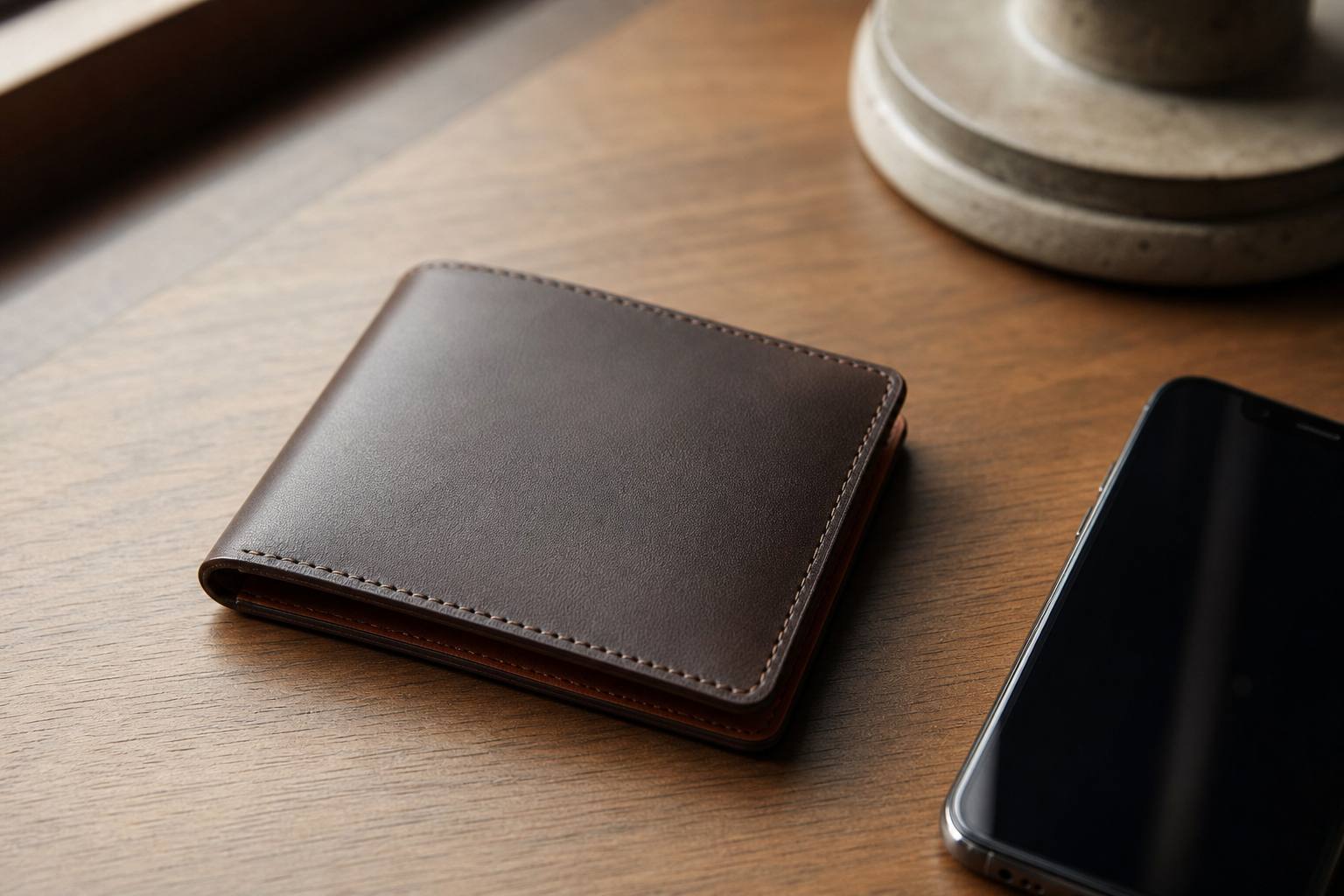 木のデスクに置かれた薄い本革のミニマル財布とスマホ