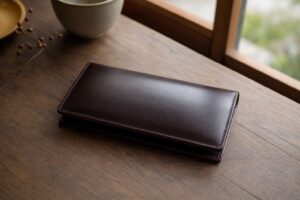 落ち着いた机に置かれたアニリンコードバンの長財布のクローズアップ