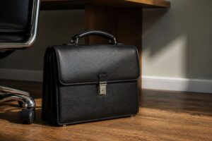 黒い革のビジネスバッグを床に置いた様子