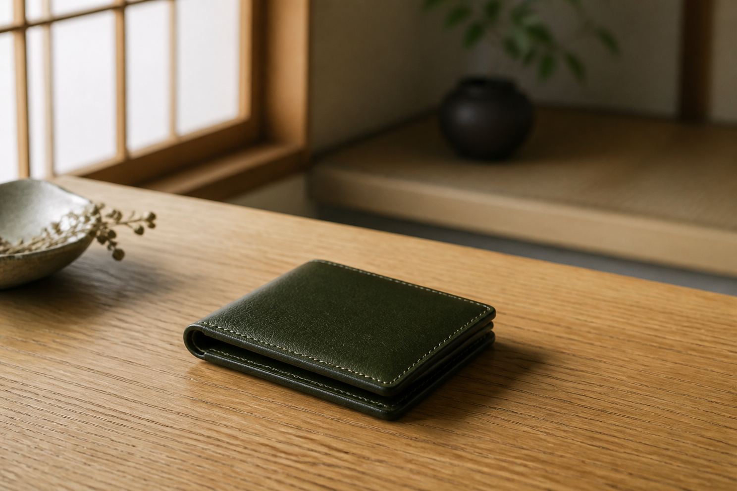 薄い二つ折りの革財布を木のテーブルに置いたところ