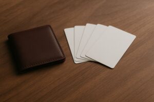机に置かれた薄い革財布と数枚のカード