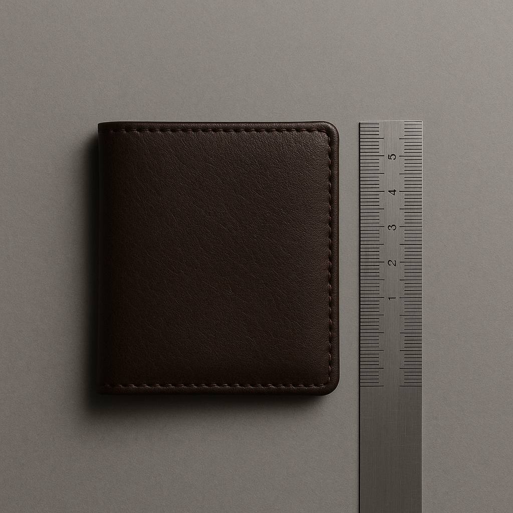 厚みを測る定規と並べた薄型の二つ折り革財布