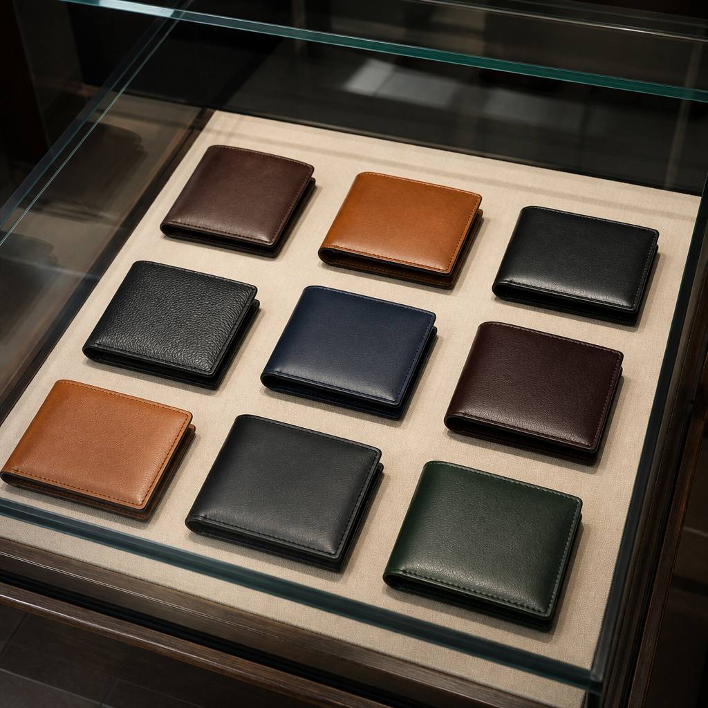ガラスケースに展示された革財布の売り場