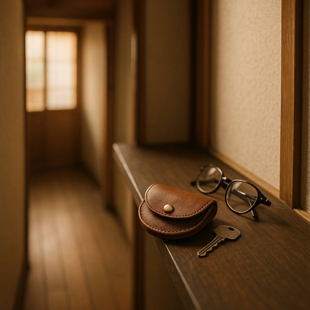 玄関の棚に鍵と並べて置かれた小さな革の小銭入れ