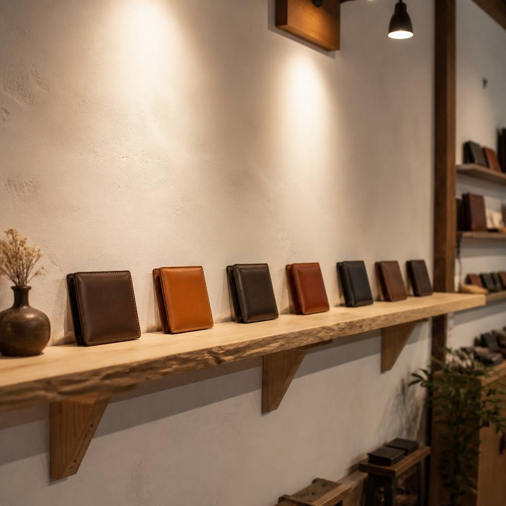 革小物が並ぶ落ち着いた店内の棚