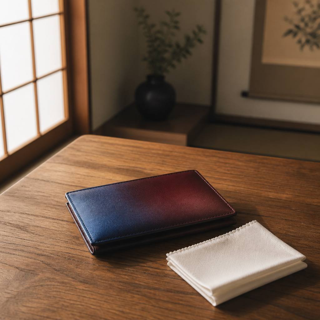 青系のコードバン財布を柔らかい布で拭いているところ