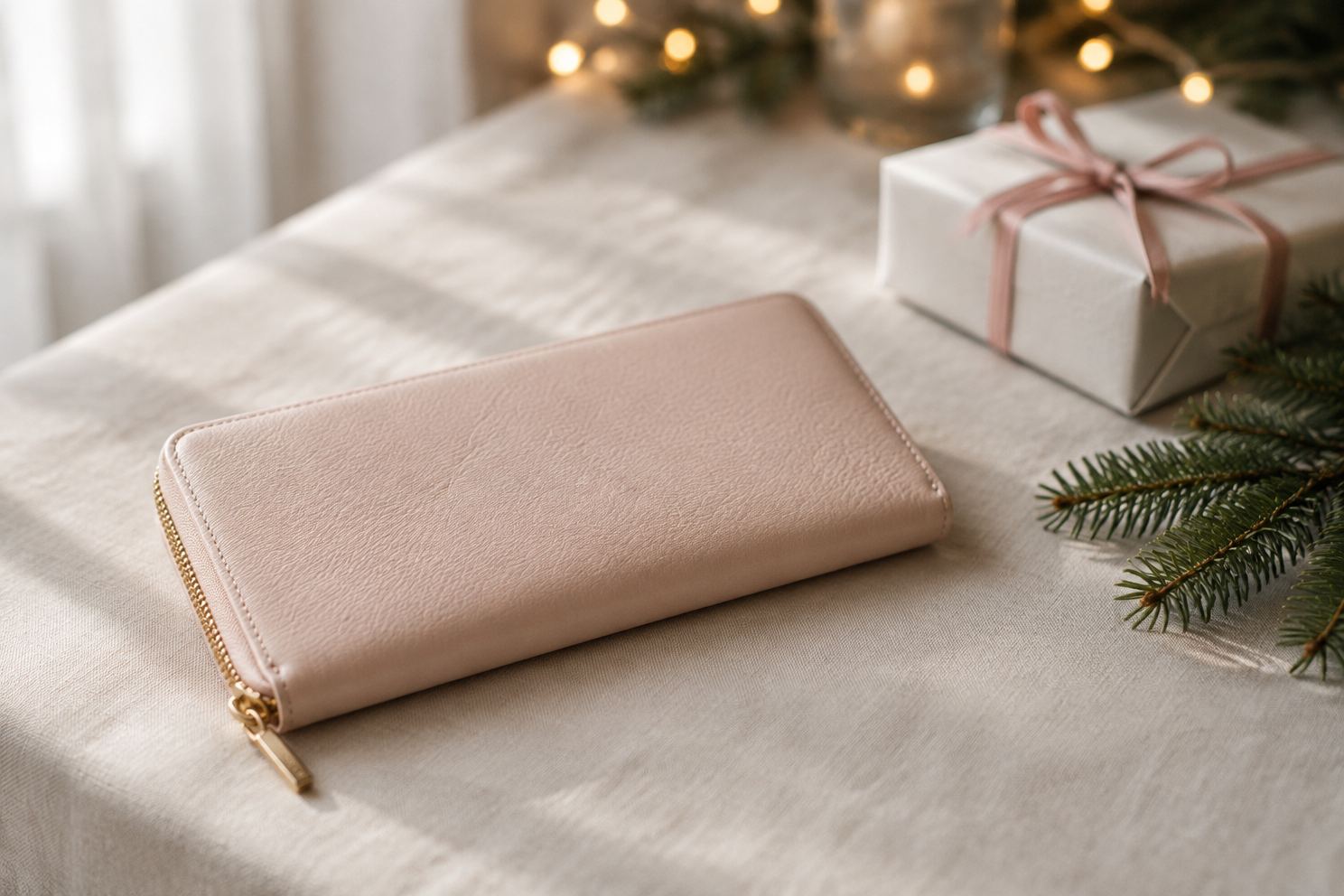 クリスマスのギフトボックスと並べたペールピンクの革の長財布