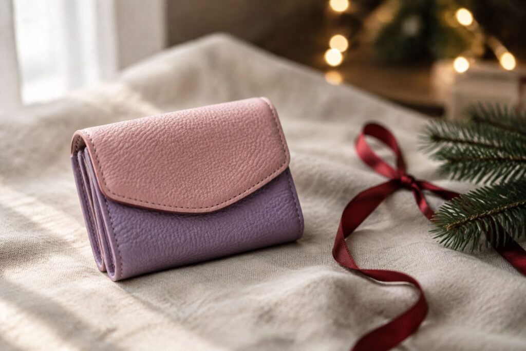 クリスマスのリボンを添えたくすみピンクと紫の小さな革財布