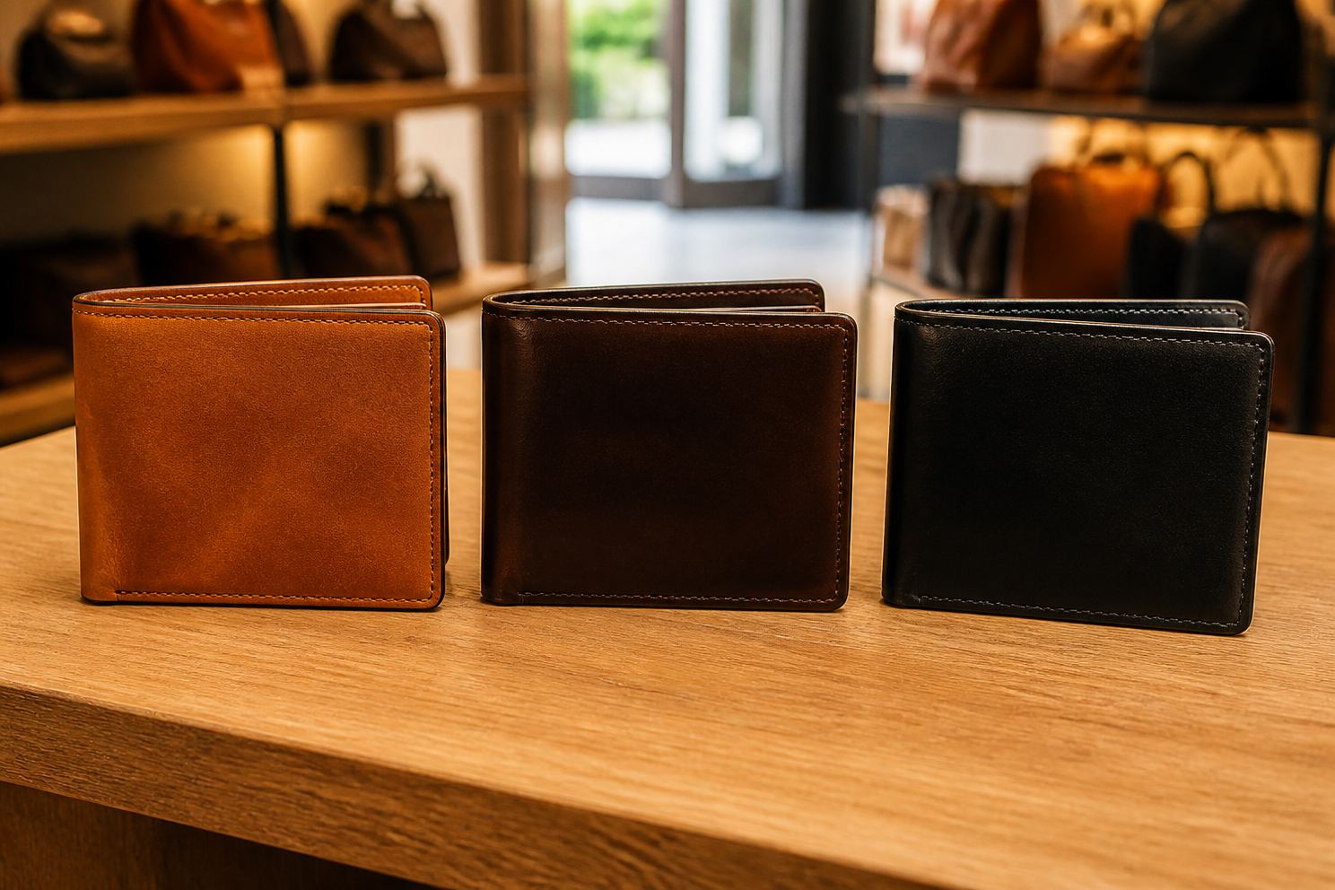 木のカウンターに並べた3つの革財布と店の入口の光
