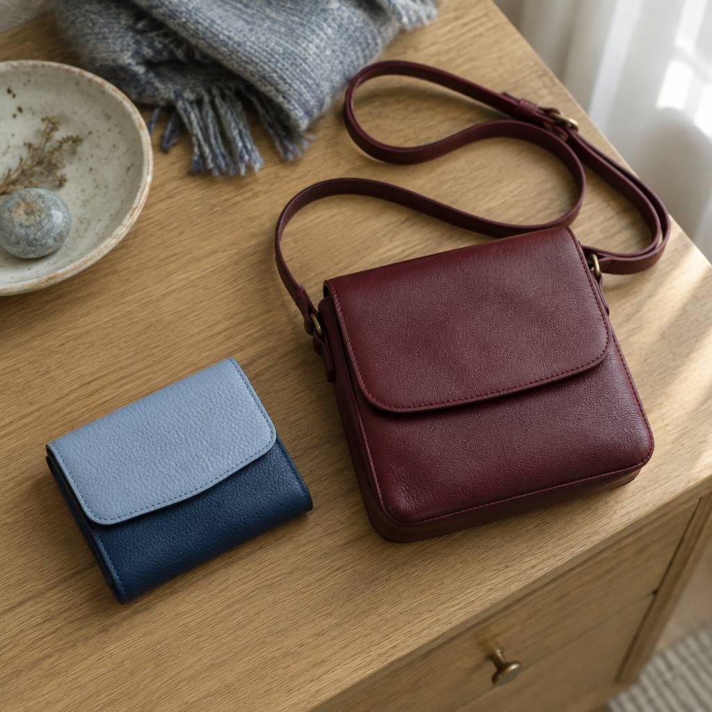 小さなショルダーバッグの横に置いた手のひらサイズの革のミニ財布
