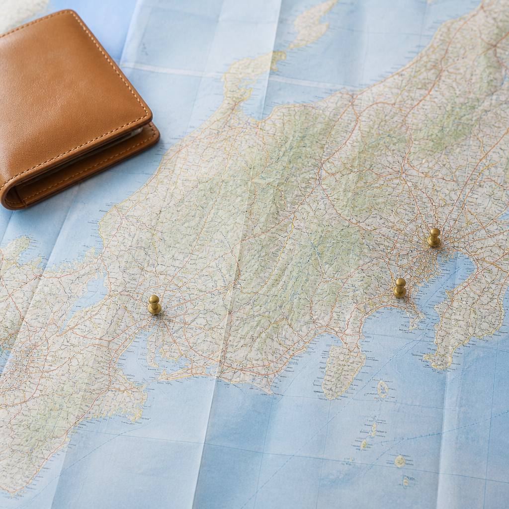 東京・横浜・名古屋の位置に印を付けた地図の上に置いた革財布