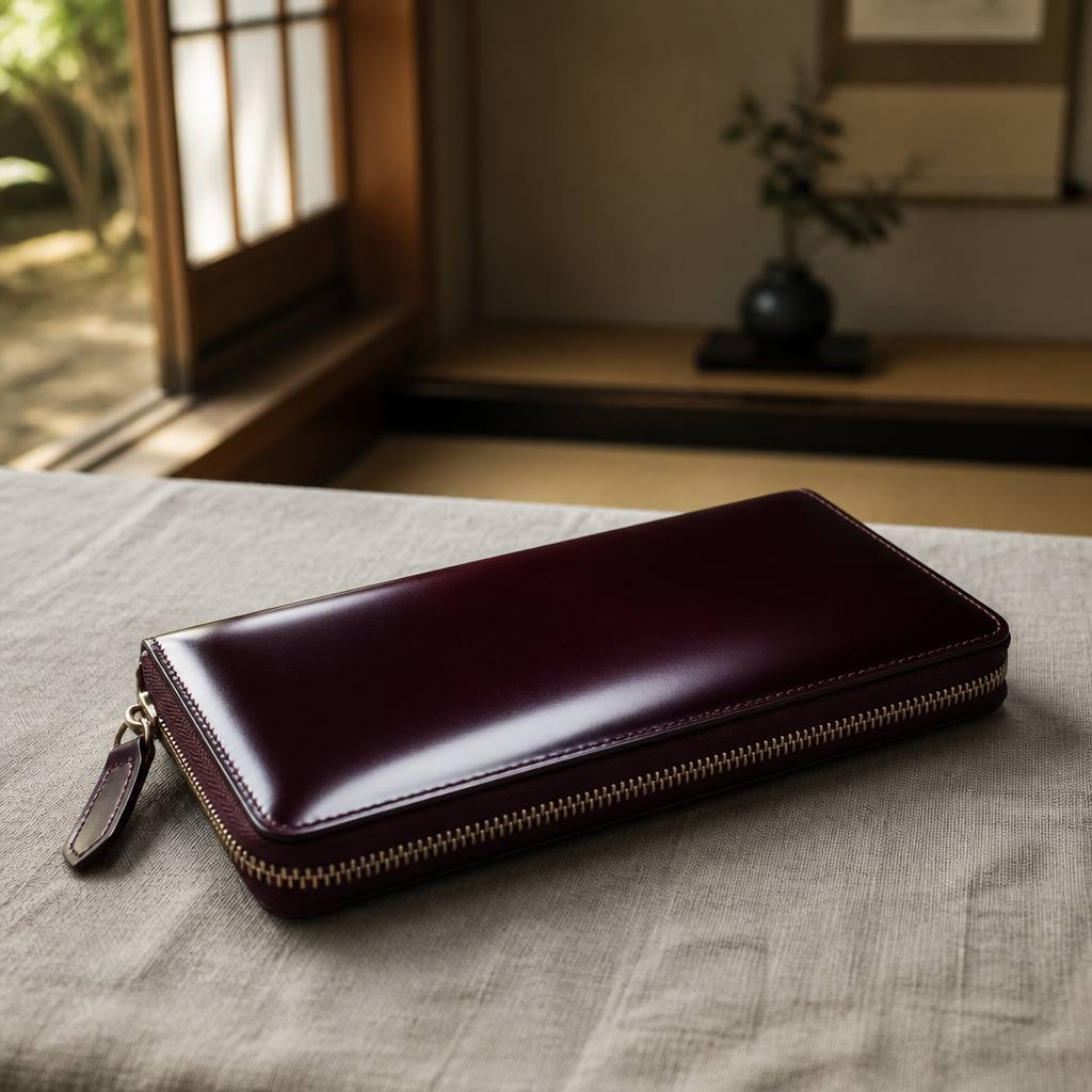 艶のあるコードバンの長財布のアップ