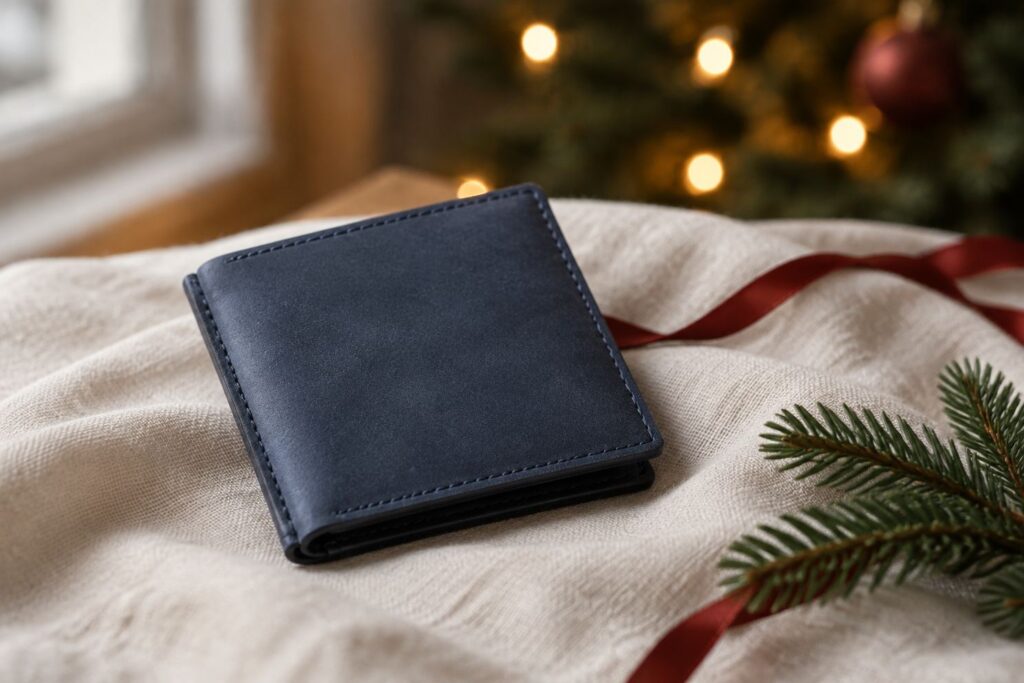 クリスマスのリボンを添えた小さく薄い革のミニ財布