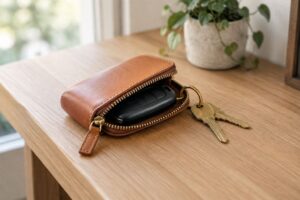 スマートキーがのぞくキャメルのラウンドファスナー革キーケースと家の鍵