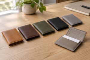 キャメル・茶・緑・黒・灰色の革の名刺入れ5つ