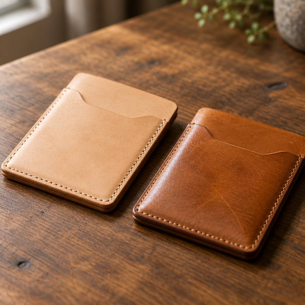 新品の明るいキャメルと色が深まったキャメルの革の名刺入れ